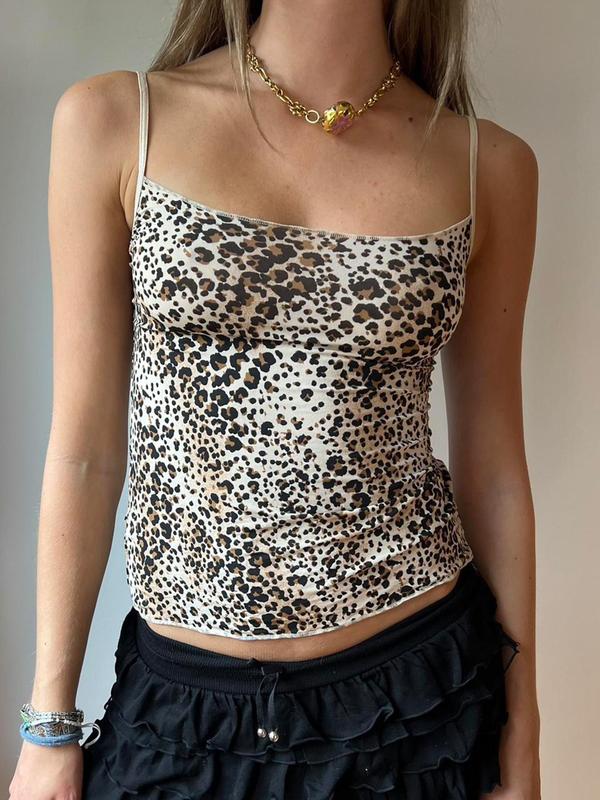 Women's Leopard Print Cami Top, Casual Sleeveless Spaghetti Strap Top for Summer, Fashion Women's Top for Daily Wear