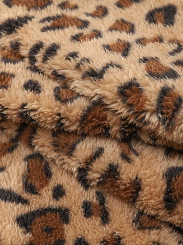 YOZY Women's Leopard Print Pocket Zip Up Fleece Jacket, Casual Long Sleeve Drop Shoulder Outerwear for Fall & Winter, Women's Clothes for Daily Wear