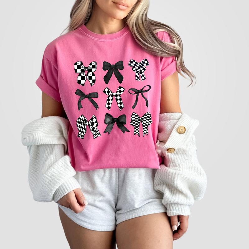 Coquette Checkered Black Bow Shirt, Black Bows Coquette Shirt, Gift for Her, Gift for Mom, T-Shirt for Women, Coquette Bows Checkered T-Shirt, Black Bows Tee, Vintage Coquette Aesthetic, Cute Ribbon TShirt, Checkered Coquette Tee Gifts, Comfort Top