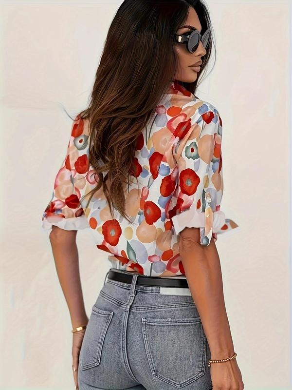 Women's All Over Floral Print Button Front Blouse, Boho Fashion Long Sleeve Collared Shirt for Daily Wear, Women's Clothing