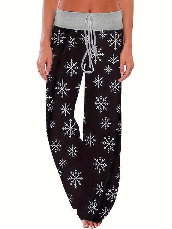 Women's Snowflake Print Drawstring Waist Wide Leg Pants, Casual Comfy Elastic Waist Trousers for Daily Wear, Ladies Bottoms for All Seasons