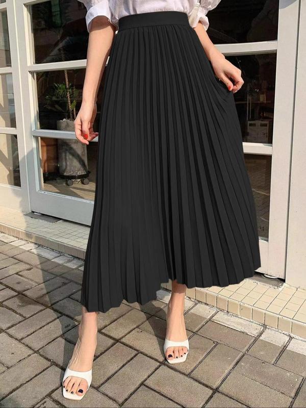 Women's Solid Pleated Skirt, Elegant Fashion Casual Long Skirt for Work Office Business, Ladies Bottoms for All Seasons