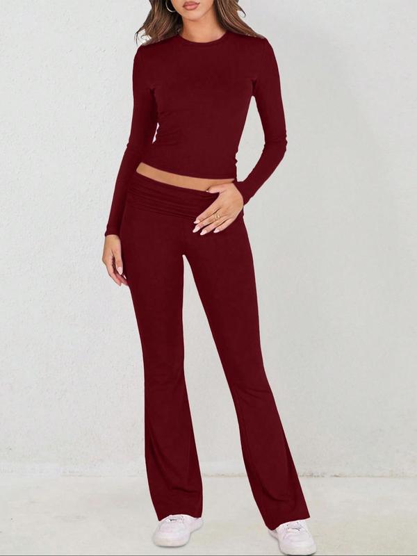 Women's Solid Long Sleeve Crop Top & Flare Leg Pants Two-piece Set, Casual Fashion Cozy Round Neck Top & Bell Bottom Trousers for Daily Outdoor Wear, Ladies Clothes for All Seasons