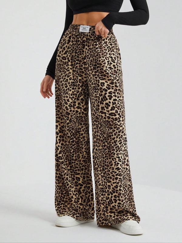 Women's Leopard Print Pocket Wide Leg Lounge Pants, Casual Comfy Trousers for Daily Wear, Ladies Sleepwear for All Seasons