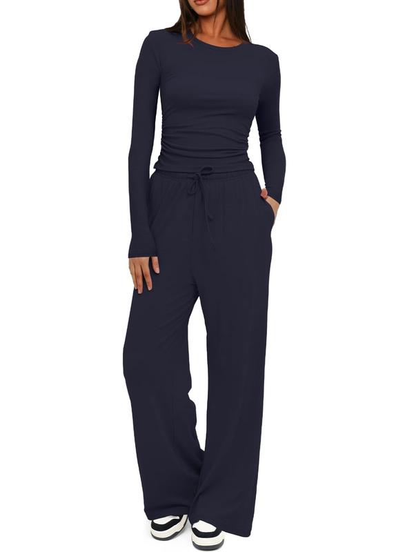 Two-piece Set Women's Solid Ruched Tee & Drawstring Pocket Pants Pajamas Set, Casual Long Sleeve T-shirt & Elastic Waist Trousers, Ladies Sleepwear for All Seasons