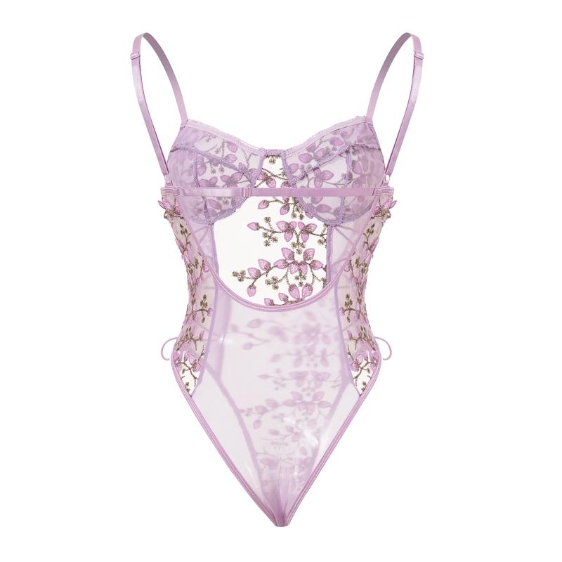 Women's Purple Sheer Lace Bodysuit - Spaghetti Strap Sleeveless Top for Summer, Parties, and Gifts - Sexy Feminine Floral Fit Womenswear Underwear