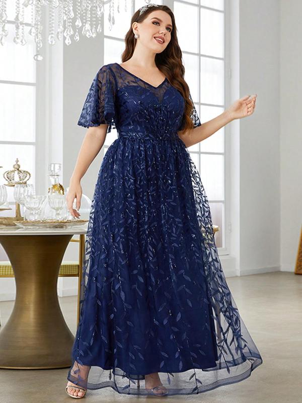  Leaf Embroidery Contrast Sequin Sheer Butterfly Sleeve Evening Dress, Elegant V Neck Half Sleeve Long Dress for Party & Banquet, Women's Clothes for All Seasons