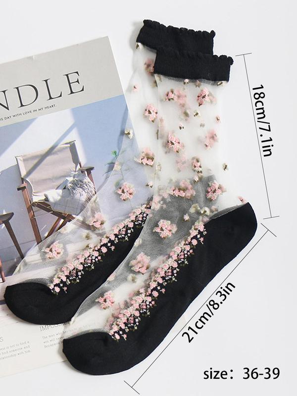 Women's 4 Pairs Ditsy Floral Print Contrast Mesh Frill Trim Crew Socks, Casual Comfy Breathable Sheer Mid-calf Socks for Daily Wear, Ladies Socks for All Seasons