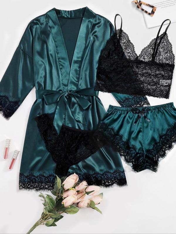 Women's Contrast Lace Belted Satin Pyjama Set, Backless Crop Cami Top & Wrap Robe & Elastic Waist Shorts & Panty Set, Sleepwear Set for Women, Pajama Sets Women