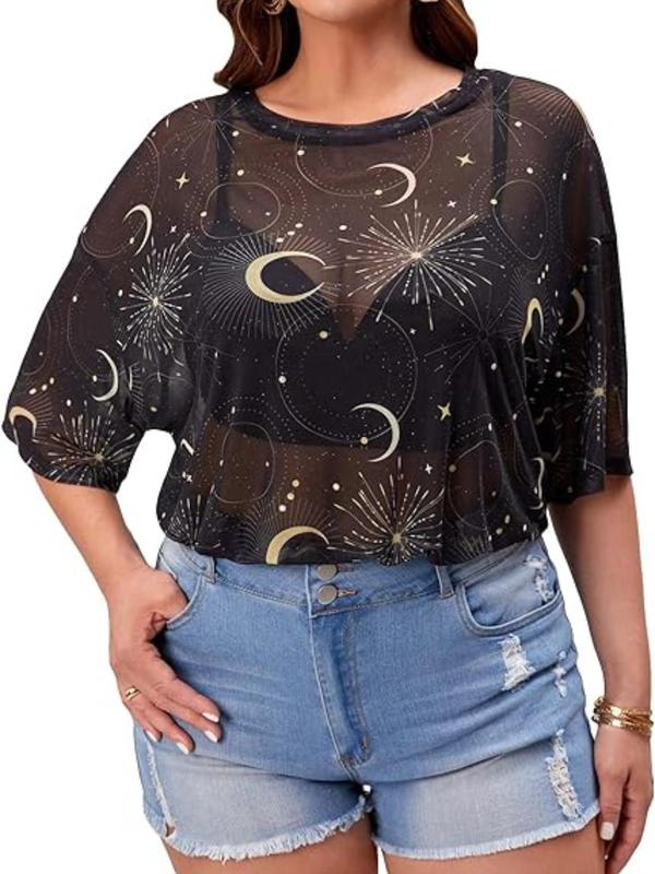  Moon & Star Print Sheer Crewneck Tulle Tee, Lady Casual Comfort Top for Summer, Going Out Tees Shirts, Summer Outfits 2024, Women's Summer Clothes, Black Girl Outfits