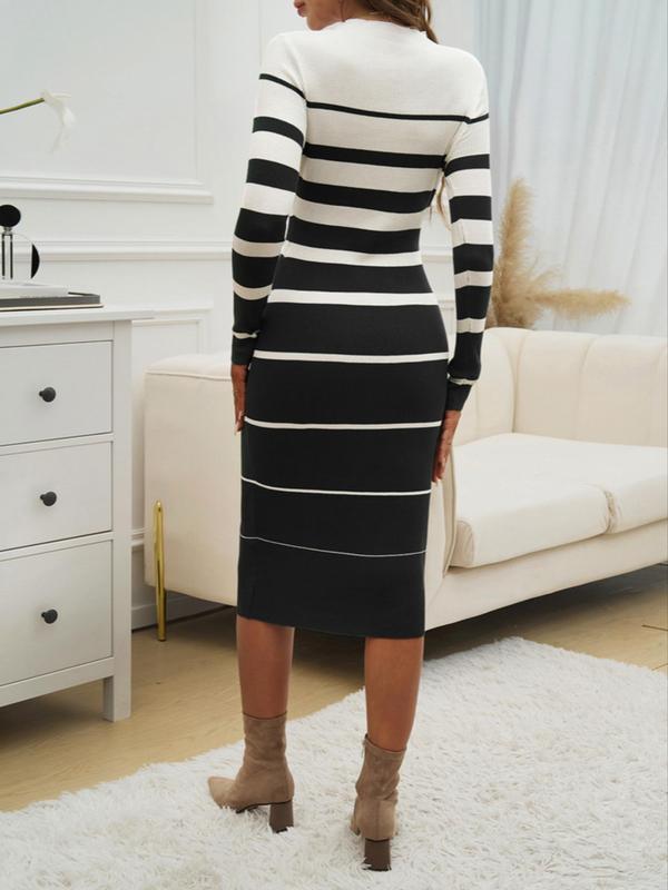 Women's Colorblock Striped Print Bodycon Sweater Dress, Casual Long Sleeve Round Neck Knit Dress for Fall & Winter, Women's Clothing for Daily Wear Longsleeves