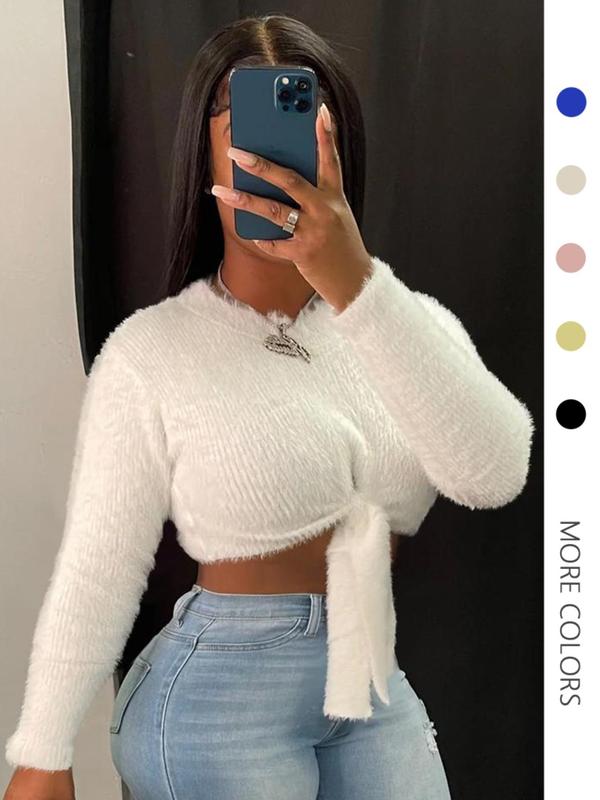 Women's Solid Tie Front Crop Plush Sweater, Casual Long Sleeve Round Neck Jumper for Fall & Winter, Fashion Ladies' Knitwear for Daily Wear