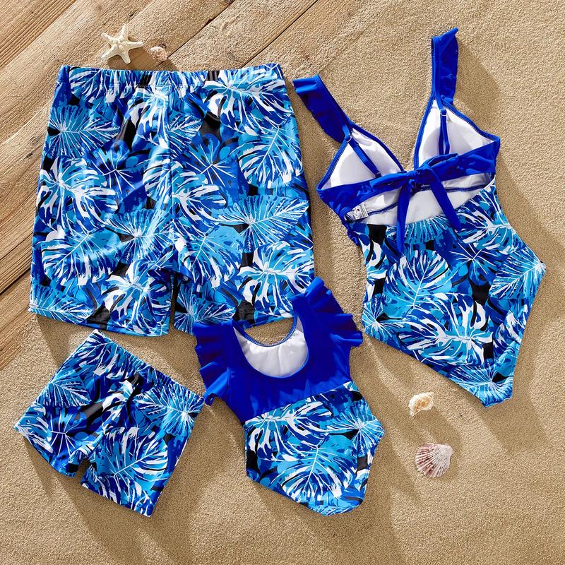 PatPat Family Matching Plant Print Swim Trunks and Blue Ruffle Trim Spliced One-piece Swimsuit