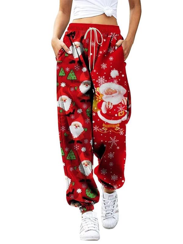 Women's Christmas Print Drawstring Waist Sweatpants, Casual Comfy Elastic Waist Pocket Jogger Pants for Daily Wear, Ladies Bottoms for All Seasons