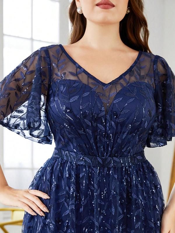  Leaf Embroidery Contrast Sequin Sheer Butterfly Sleeve Evening Dress, Elegant V Neck Half Sleeve Long Dress for Party & Banquet, Women's Clothes for All Seasons