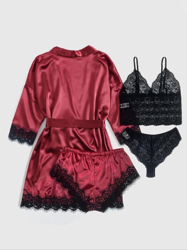 Women's Contrast Lace Belted Satin Pyjama Set, Backless Crop Cami Top & Wrap Robe & Elastic Waist Shorts & Panty Set, Sleepwear Set for Women, Pajama Sets Women