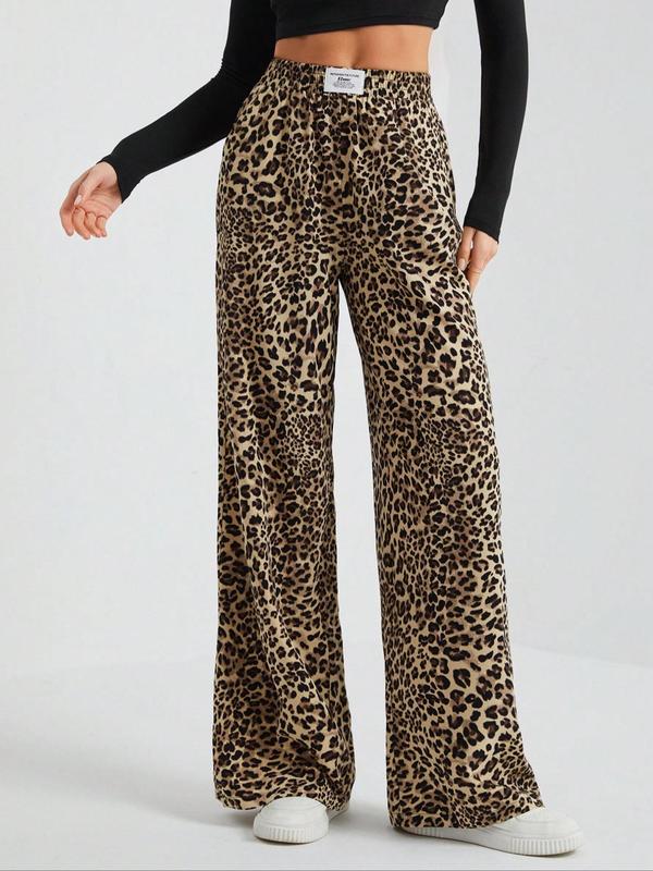 Women's Leopard Print Pocket Wide Leg Lounge Pants, Casual Comfy Trousers for Daily Wear, Ladies Sleepwear for All Seasons