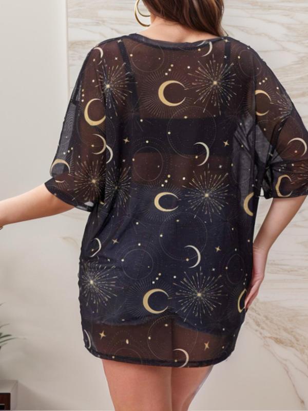  Moon & Star Print Sheer Crewneck Tulle Tee, Lady Casual Comfort Top for Summer, Going Out Tees Shirts, Summer Outfits 2024, Women's Summer Clothes, Black Girl Outfits