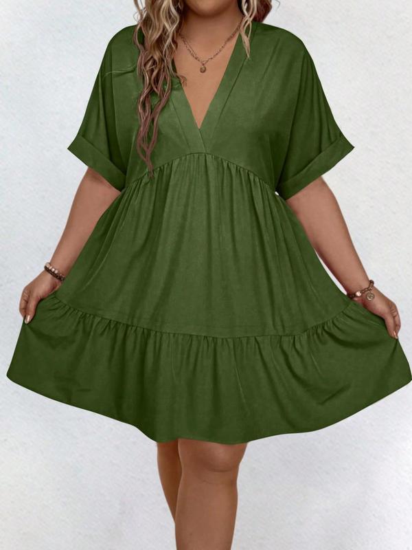  Plain V Neck Batwing Sleeve Ruffle Hem Smock Dress, Casual Short Sleeve V Neck Dress for Daily Outdoor Wear, Summer Casual Wear Clothes, Women Back To School Clothing for All Seasons, Summer Dresses 2024, Dresses for Women