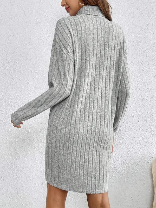 Fall Women's Plain Ribbed Sweater Dress without Necklace, Casual Turtle Neck Drop Shoulder Long Sleeve Knitwear Dress for Fall & Winter, Fall Dresses, Women's Knit Clothes for Daily Outdoor Wear