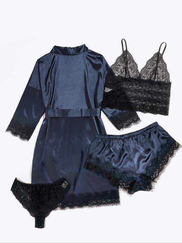 Women's Contrast Lace Belted Satin Pyjama Set, Backless Crop Cami Top & Wrap Robe & Elastic Waist Shorts & Panty Set, Sleepwear Set for Women, Pajama Sets Women