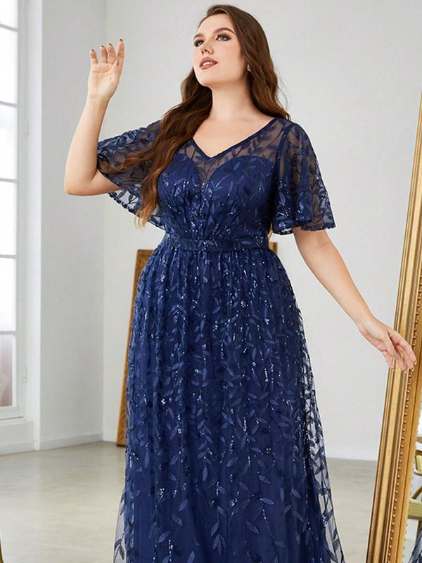  Leaf Embroidery Contrast Sequin Sheer Butterfly Sleeve Evening Dress, Elegant V Neck Half Sleeve Long Dress for Party & Banquet, Women's Clothes for All Seasons