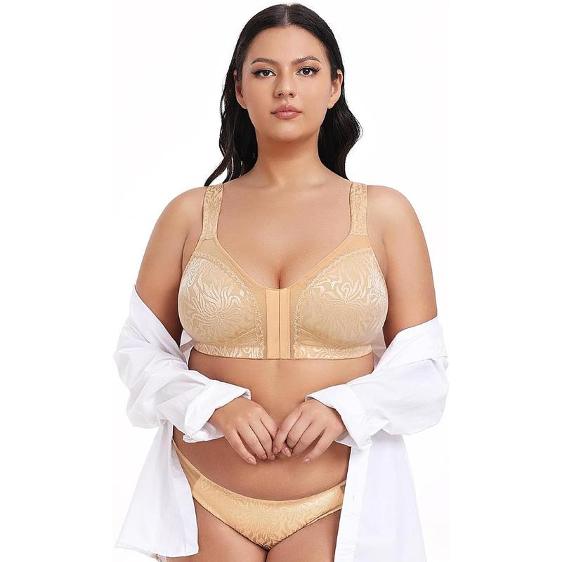 Women's Front Closure Minimizer Bra Full Coverage Wirefree Comfort Bras Non Padded Plus Size Lace Womenswear