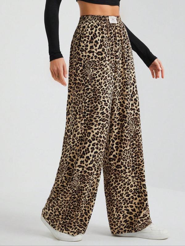 Women's Leopard Print Pocket Wide Leg Lounge Pants, Casual Comfy Trousers for Daily Wear, Ladies Sleepwear for All Seasons