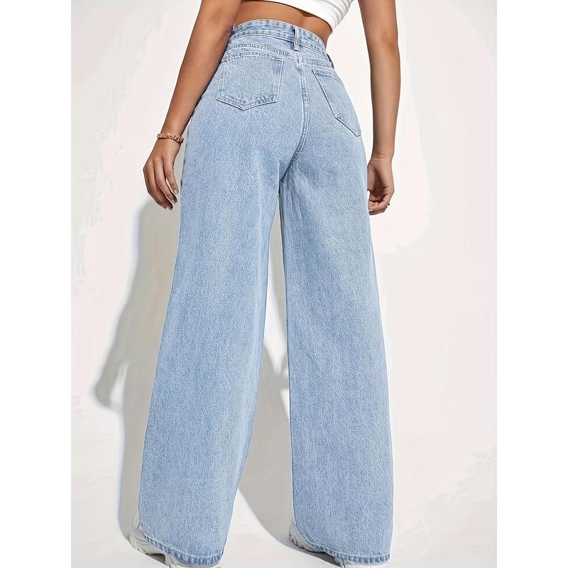 1pc Women'S Fashion High-Waisted Denim Jeans, Casual Style, Solid Color, Stretch Fabric, Loose Fit, Long Wide-Leg Pants with Built-in Zipper, No Belt, Suitable for All Seasons Womenswear Bottom Womenswear Bottom Polyester Trouser