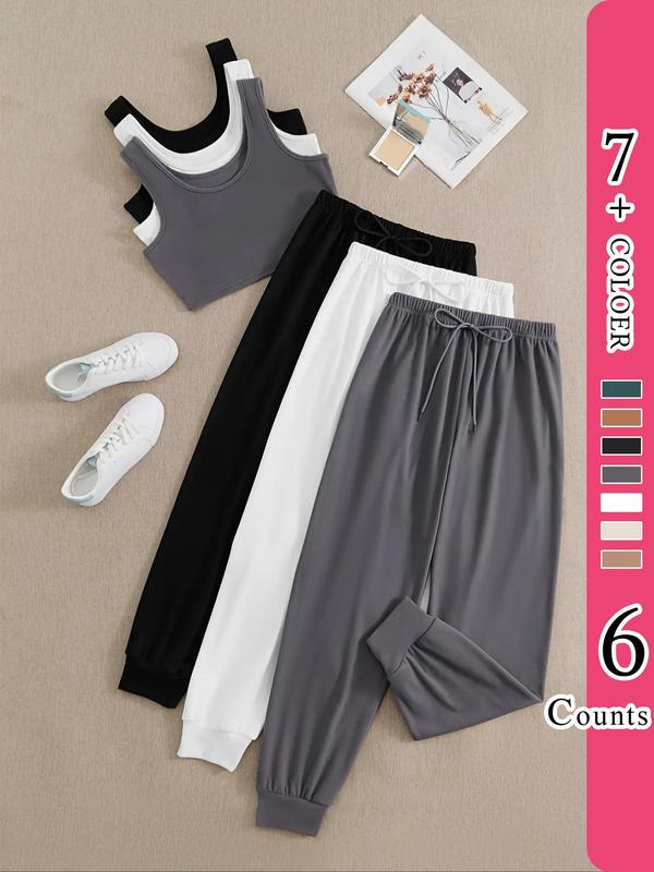 Women's Plain Loungewear Set, Girl Nightwear, Basic Crop Tank Top & Tie Front Elastic Waist Pj Pants, Summer Homewear & Sleepwear, Summer Wear 2024