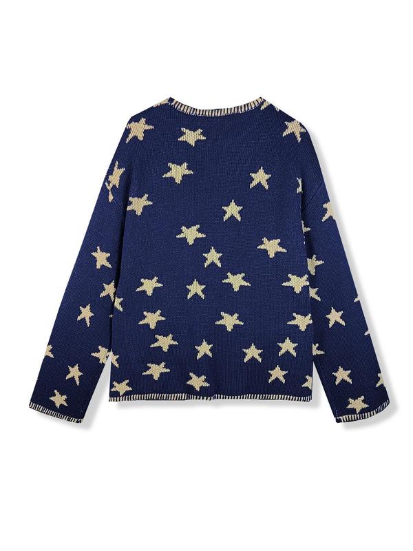 Women's Star Print Crew Neck Sweater, Casual Long Sleeve Jumper for Fall & Winter, Fashion Ladies' Knitwear for Daily Wear