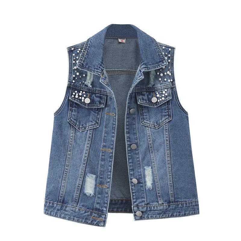 Inserted Beads Denim Waistcoat, Loose Personality Fashion Outerwear Waistcoat, 2024  Hot Sale Denim Top, Women's Trendy Clothing