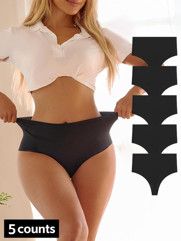 Women's 5pcs Solid High Waist Seamless Thong, Breathable Comfortable Panty for Daily Wear, Ladies Underwear for All Seasons