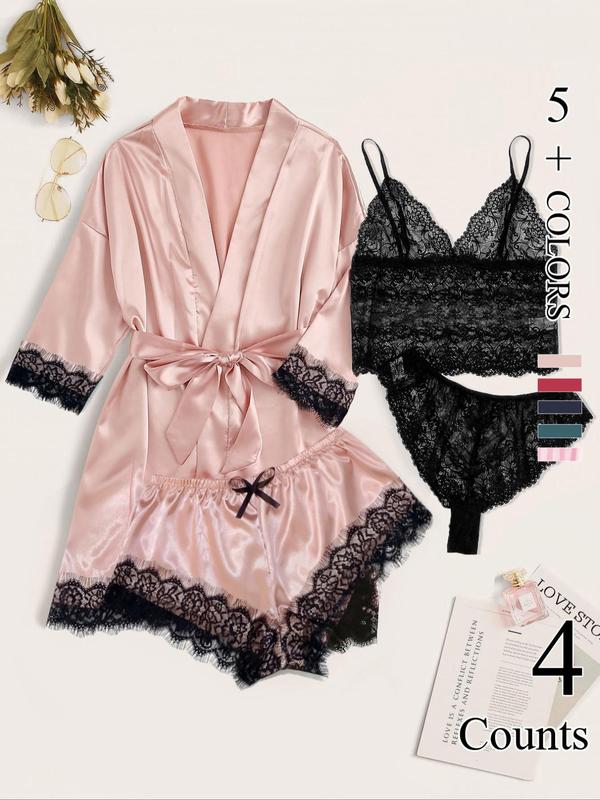 Women's Contrast Lace Belted Satin Pyjama Set, Backless Crop Cami Top & Wrap Robe & Elastic Waist Shorts & Panty Set, Sleepwear Set for Women, Pajama Sets Women