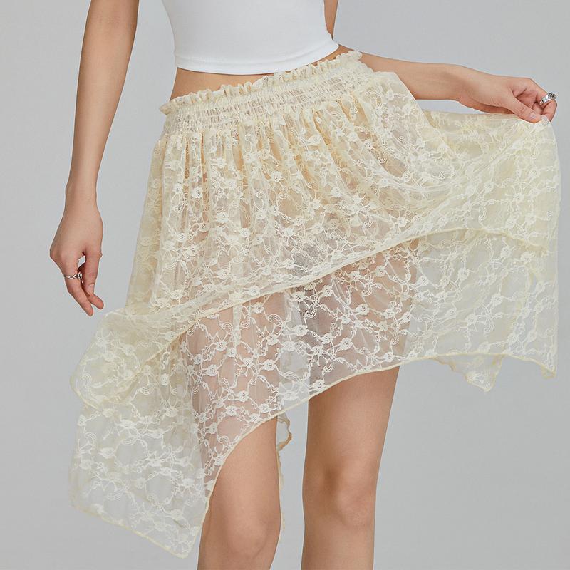 Women Y2k Lace Mini Skirts Summer Irregular Hem Lace Slip Skirt Pleated Ruffle Floral Lace Tiered Short Skirts Underskirt mini casual