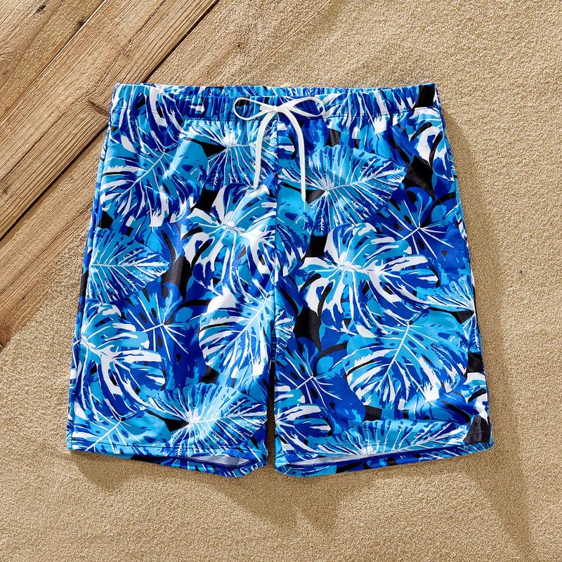 PatPat Family Matching Plant Print Swim Trunks and Blue Ruffle Trim Spliced One-piece Swimsuit