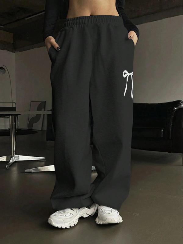 Women's Cartoon Bow Print Elastic Waist Sweatpants, Casual Pocket Wide Leg Trousers for Fall & Winter, Women's Bottoms for Daily Wear