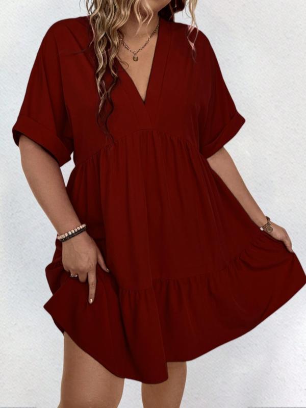  Plain V Neck Batwing Sleeve Ruffle Hem Smock Dress, Casual Short Sleeve V Neck Dress for Daily Outdoor Wear, Summer Casual Wear Clothes, Women Back To School Clothing for All Seasons, Summer Dresses 2024, Dresses for Women