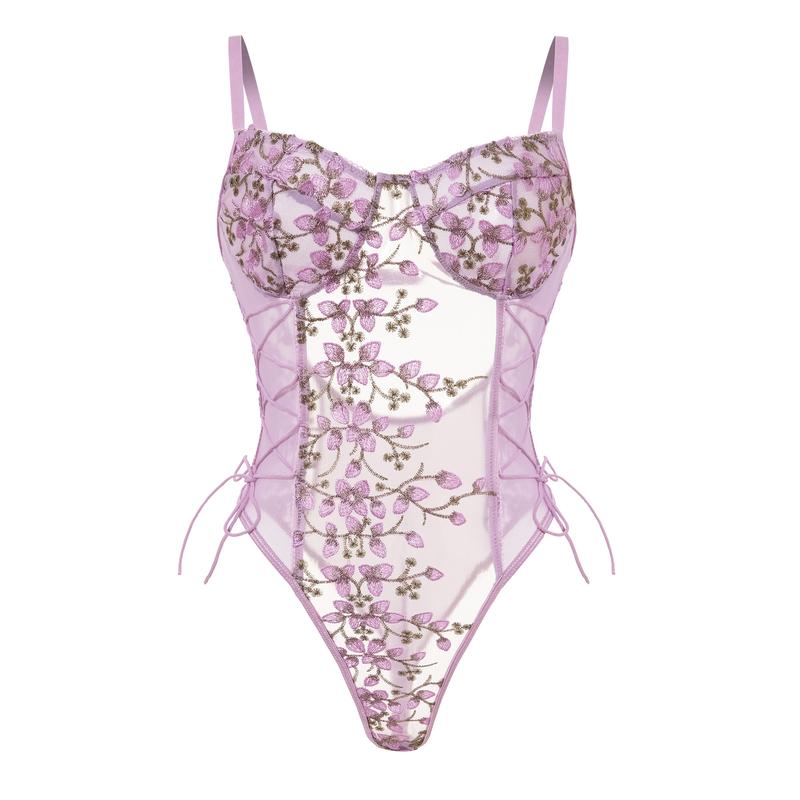 Women's Purple Sheer Lace Bodysuit - Spaghetti Strap Sleeveless Top for Summer, Parties, and Gifts - Sexy Feminine Floral Fit Womenswear Underwear