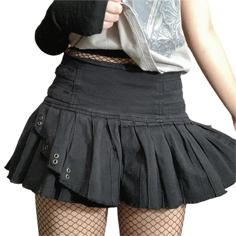 Women Pleated Skirt, Low Waist Skull Mini Bottoms Denim Skirt for Street Party Club