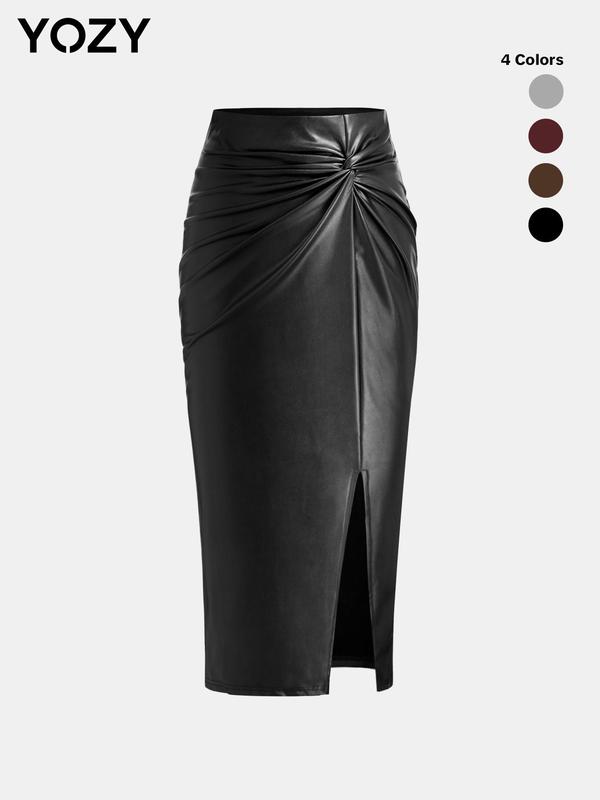 YOZY Christmas Deals, Women's Twist Front Split Pu Leather Skirt, Fashionable Womenswear, High Waist Bodycon Skirt for Party Club Dating, Ladies Bottoms for All Seasons, Christmas 2024 Trend, Fall & Winter Clothes