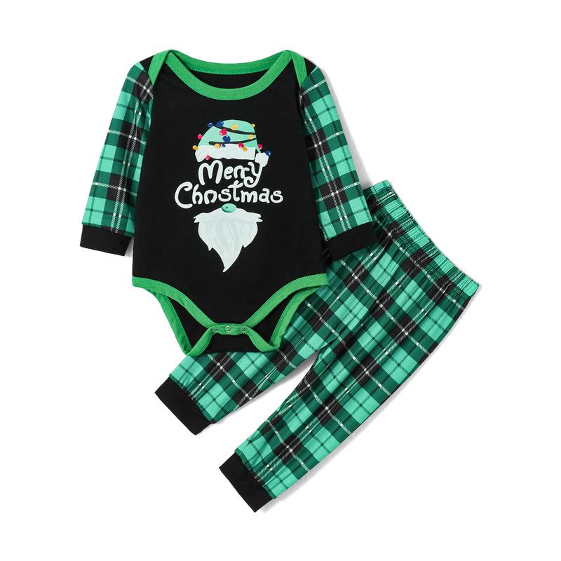 Matching Family Pajamas Sets Christmas PJ's Long Sleeve Letters Print T-shirt Green Plaid Pants Sleepwear Loungewear Nightwear