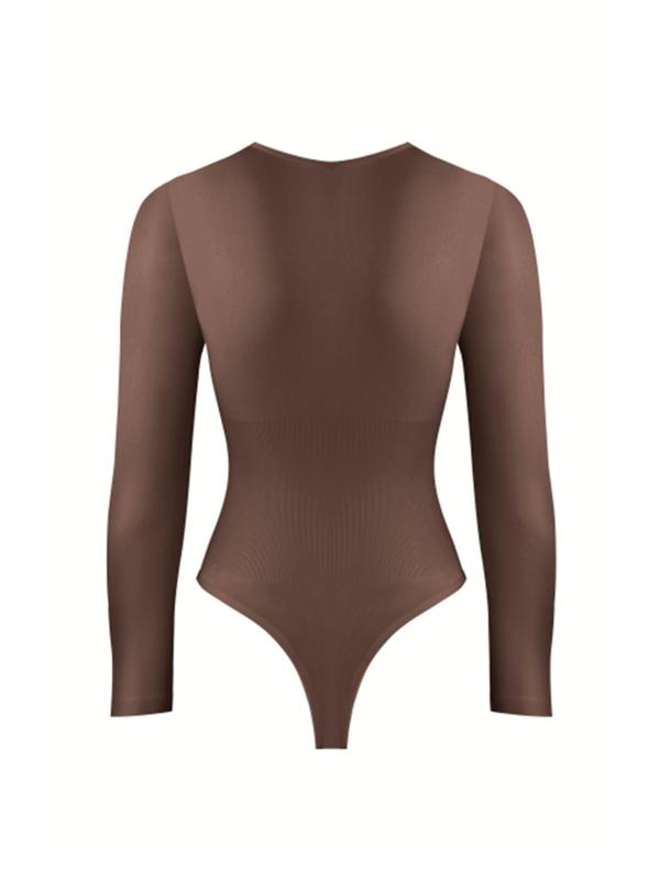 Women's Solid Round Neck Long Sleeve Shapewear Bodysuit, Casual Comfy Tummy Control Bodysuit for Daily Wear, Women's Shapewear for All Seasons