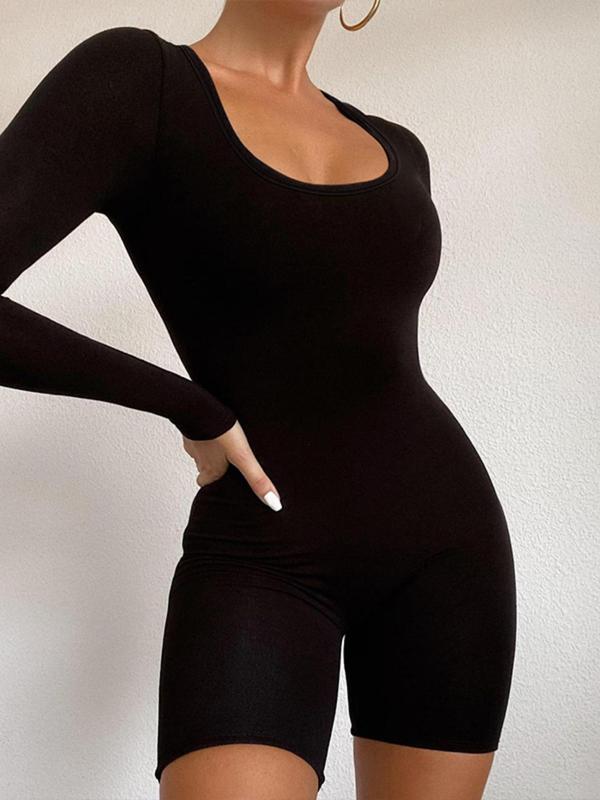 Women's Plain Long Sleeve Scoop Neck Bodycon Romper, Summer Clothes Women, Casual Solid Skinny One-piece Jumpsuit for Gym Running, Ladies Clothes for Summer