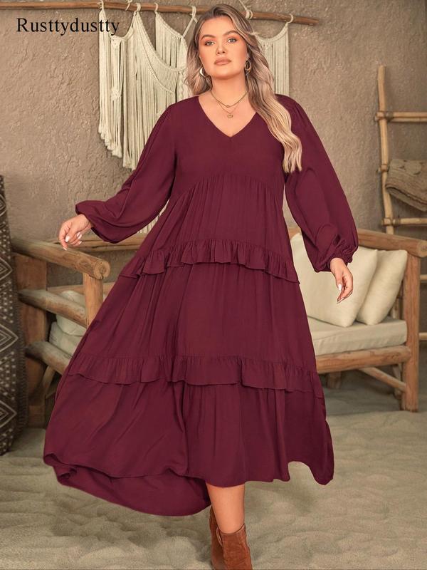  Plain Lantern Sleeve Tiered Ruffle Trim Smock Dress, Birthday Dress for Women, Elegant V Neck Long Sleeve Dress for Vacation Party Wedding Guest, Women's Clothes for All Seasons  Moo Moo Dresses