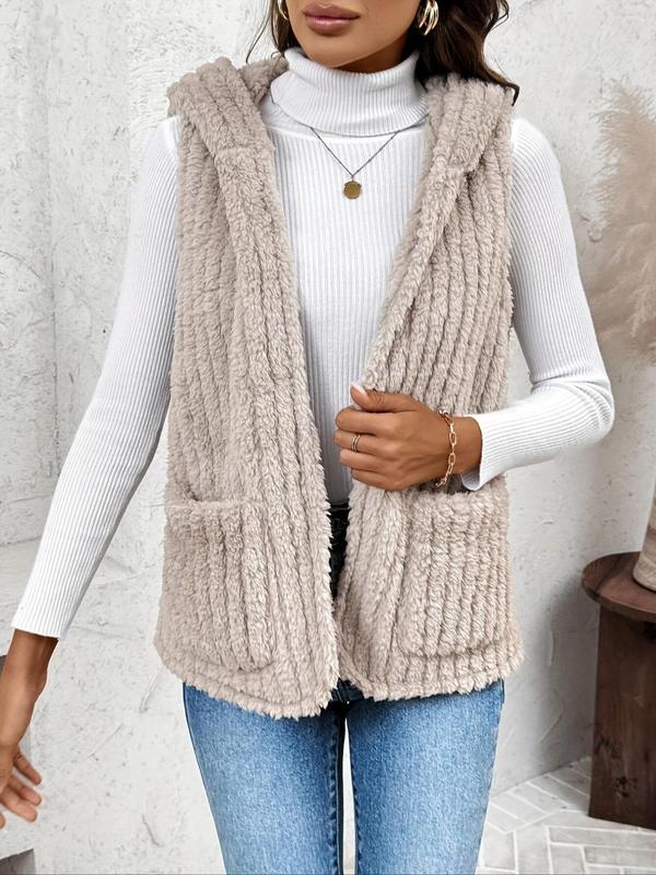 Women's Solid Pocket Hooded Vest Jacket, Casual Sleeveless Open Front Fuzzy Outerwear for Fall & Winter, Women's Clothes for Daily Wear