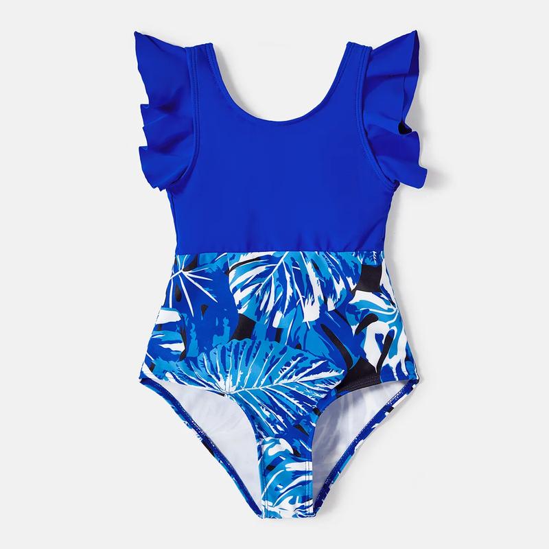 PatPat Family Matching Plant Print Swim Trunks and Blue Ruffle Trim Spliced One-piece Swimsuit