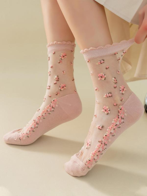 Women's 4 Pairs Ditsy Floral Print Contrast Mesh Frill Trim Crew Socks, Casual Comfy Breathable Sheer Mid-calf Socks for Daily Wear, Ladies Socks for All Seasons