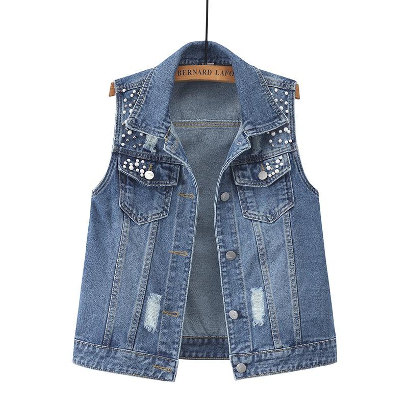 Inserted Beads Denim Waistcoat, Loose Personality Fashion Outerwear Waistcoat, 2024  Hot Sale Denim Top, Women's Trendy Clothing