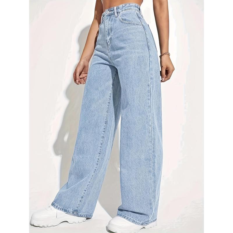 1pc Women'S Fashion High-Waisted Denim Jeans, Casual Style, Solid Color, Stretch Fabric, Loose Fit, Long Wide-Leg Pants with Built-in Zipper, No Belt, Suitable for All Seasons Womenswear Bottom Womenswear Bottom Polyester Trouser